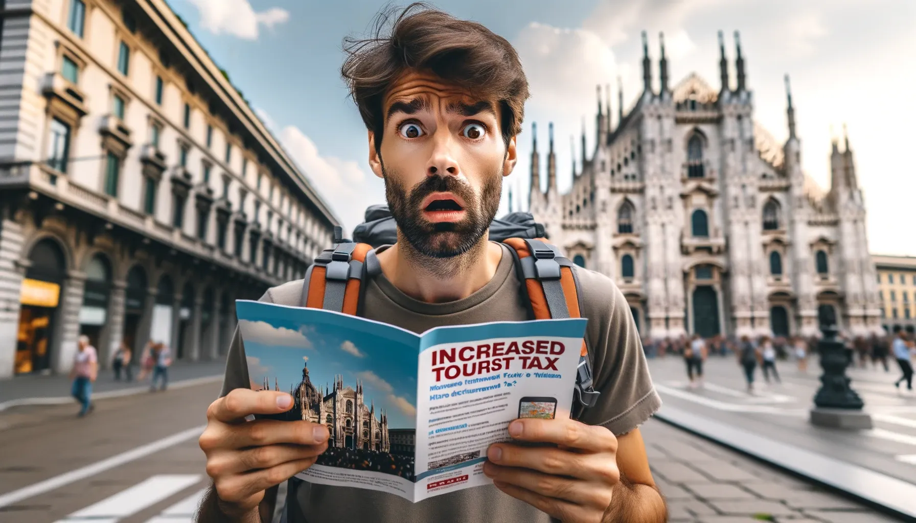 DALL&middot;E 2023 11 02 08.59.26 Photo Of A Male Adult Traveler With Short Brown Hair And A Slightly Unkempt Beard Looking Surprised Or Confused While Reading An Informational Flyer 