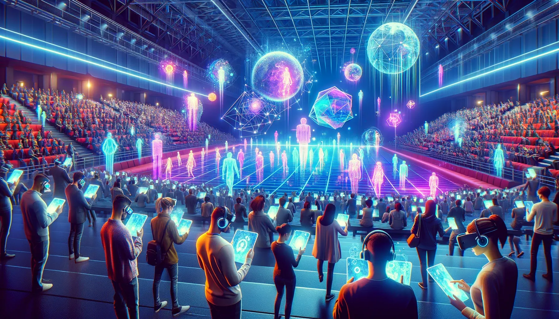 DALL&middot;E 2023 11 09 15.21.07 A Digital Creativity Event In An Expansive Auditorium Filled With Neon Lights. People Of Various Descents And Genders Are Using Holographic Tablets An