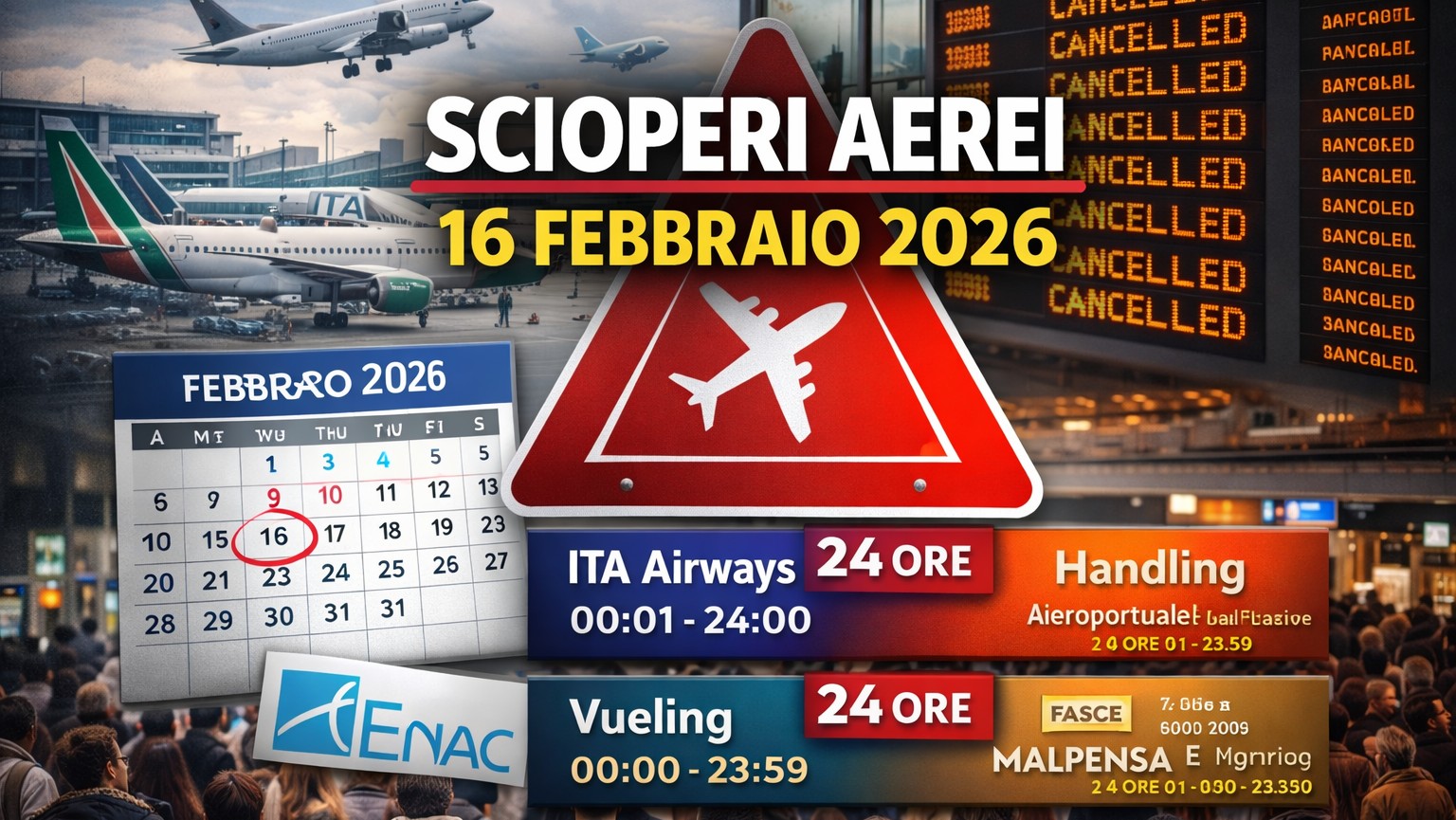 sciopero aerei 16 febbraio 2026